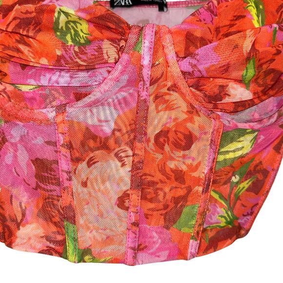 Zara Floral Pink Mesh Bustier Corset Ruched Crop Top Size Small - Picture 7 of 10